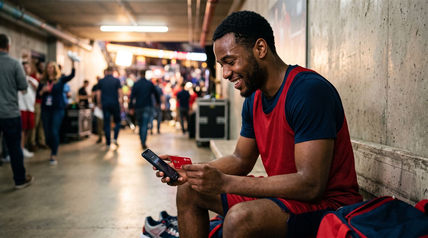 College basketball player checking a phone in an arena tunnel