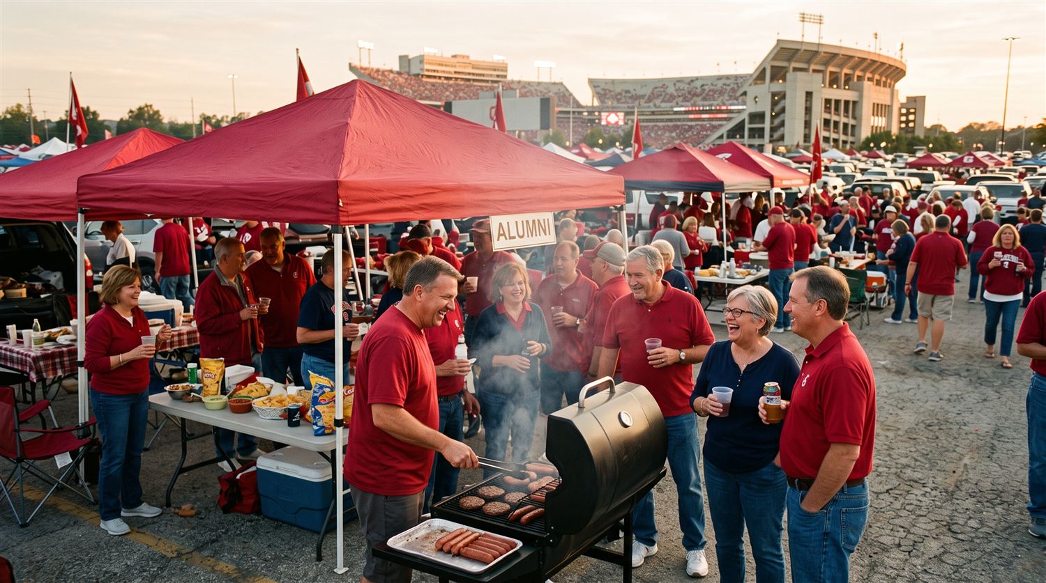 Alumni tailgating under red tents before a game